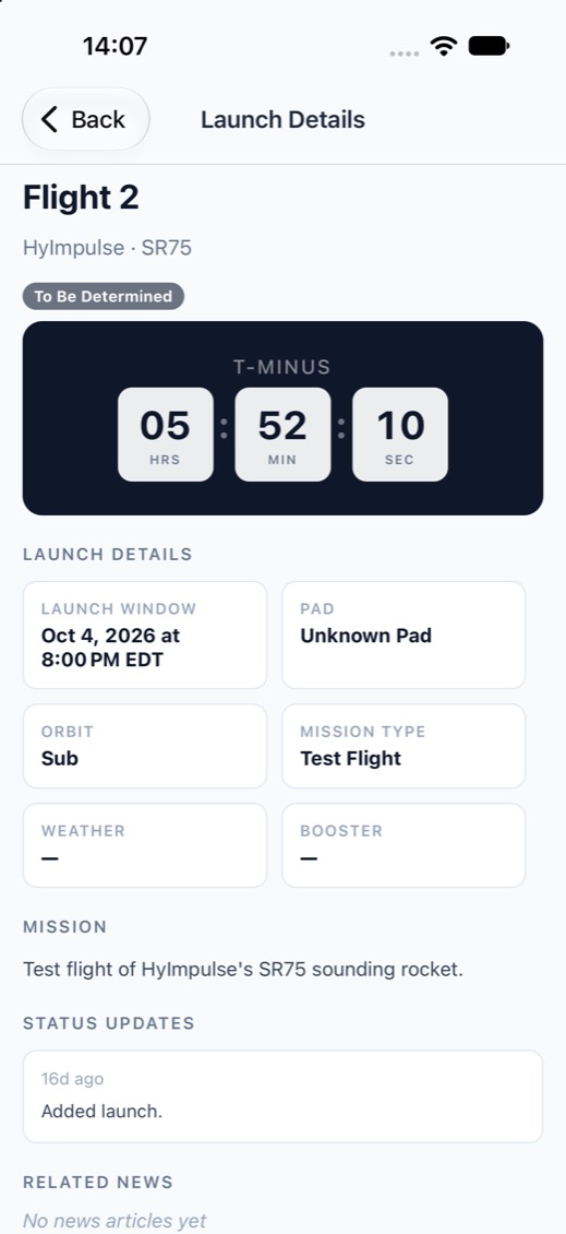 Launch Buoy app launch details with a countdown timer