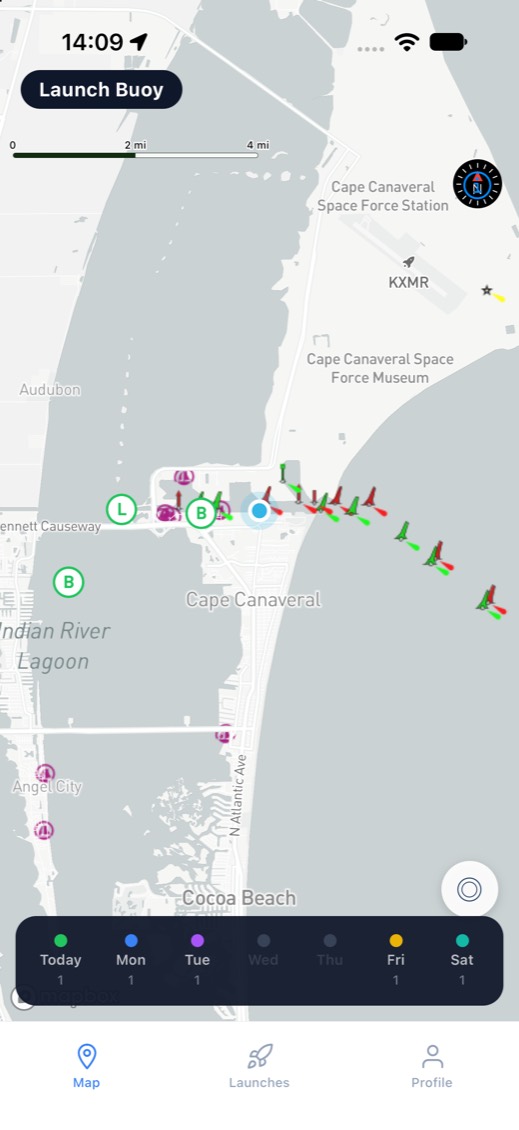 Launch Buoy app map showing navigation aids, a lock and drawbridges near Port Canaveral