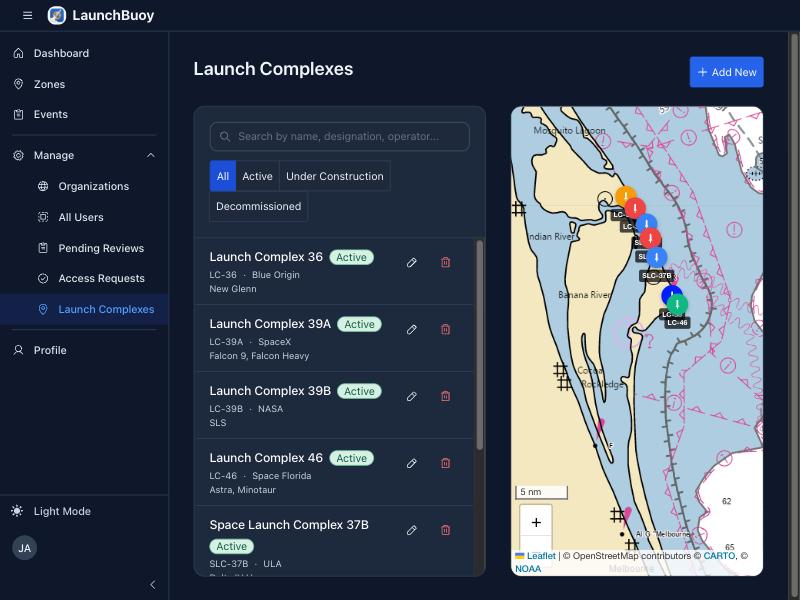 LaunchBuoy Launch Complexes page: a list of Cape Canaveral launch complexes beside a nautical chart with each pad marked